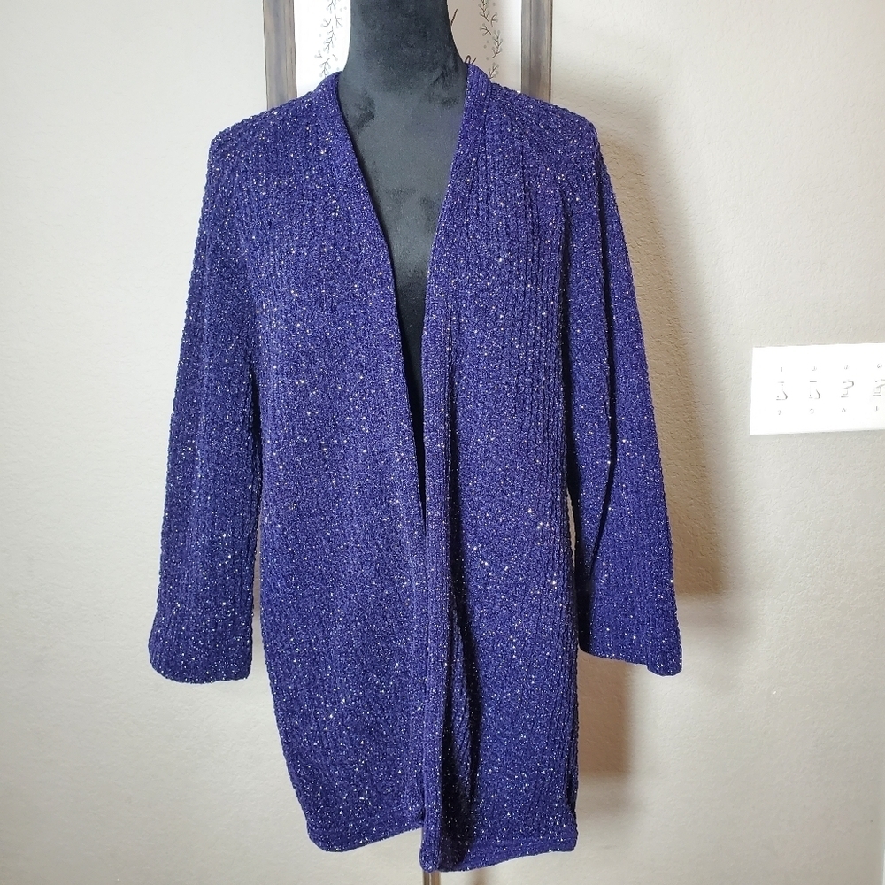 Women's Navy Blue Open Front Knit Long Sleeve Cardigan Size Large/XL EUC